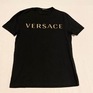 Versace Black Embroidered Logo T-Shirt Size Medium Gold Text